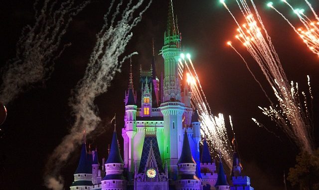 Disney castle with fireworks