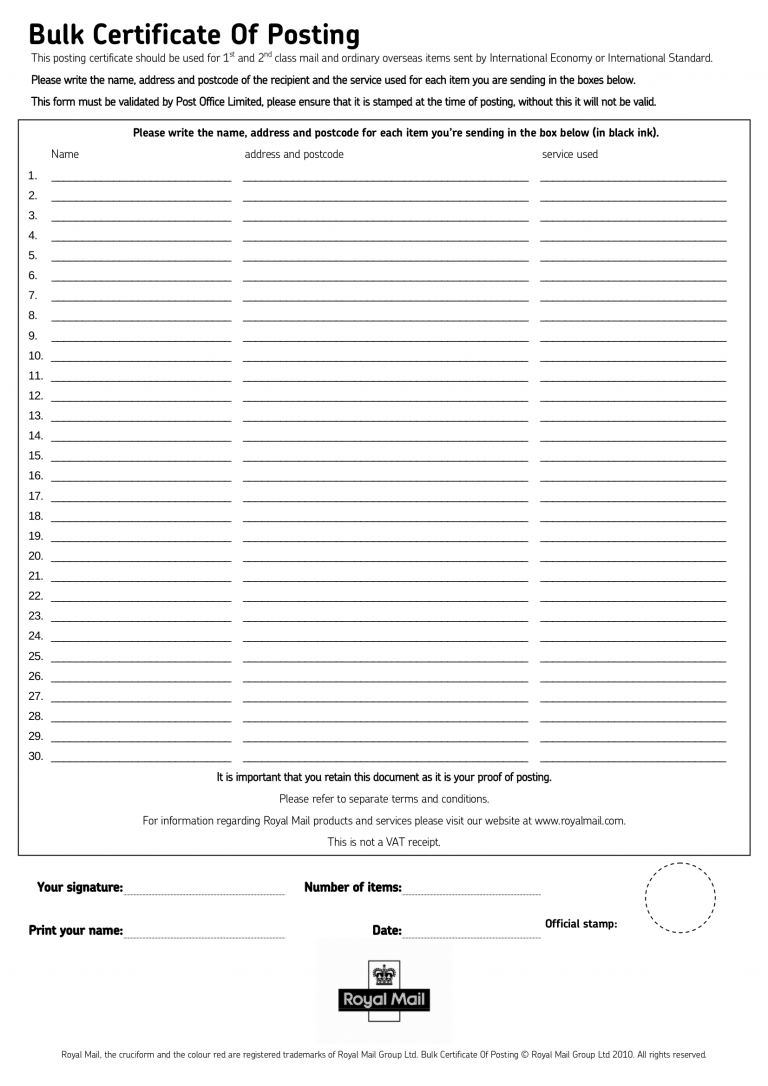 Royal Mail Proof Of Postage Certificate Template Download Computers