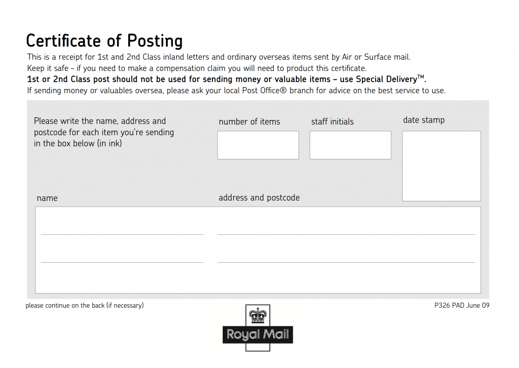 Royal Mail certificate of posting P326